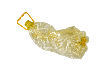 Crumpled transparent plastic bottle with yellow handle is isolated.