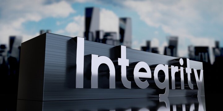 Integrity - metal cuboid and skyscrapers - 3D illustration