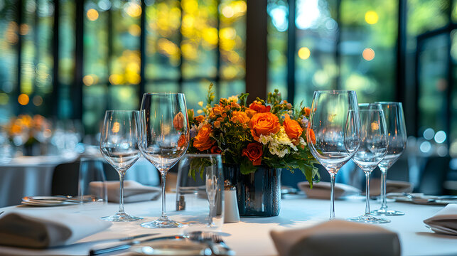 Elegant corporate event venue featuring sophisticated table settings and warm ambient lighting, creating a professional and upscale atmosphere for business gatherings  12863858 3