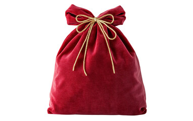 Luxurious red velvet gift pouch adorned with a gold tie adding a festive and refined Christmas touch isolated on transparent background PNG
