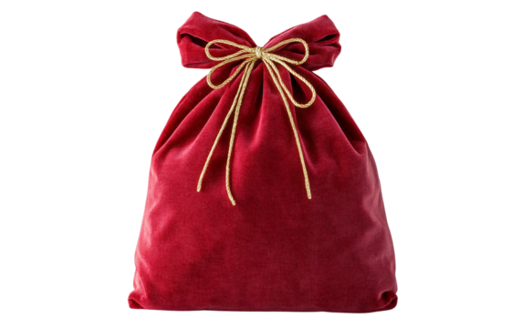Luxurious red velvet gift pouch adorned with a gold tie adding a festive and refined Christmas touch isolated on transparent background PNG