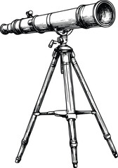 Editable vector illustration of antique brass telescope on tripod, monochrome silhouette style