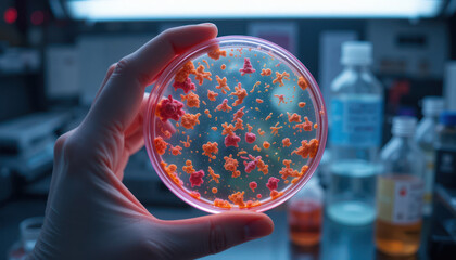 Hand Holding Petri Dish with Colorful Microorganisms in Laboratory Setting Focused on Science and Research in Microbiology and Cell Culture Techniques