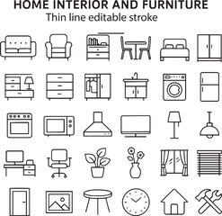 Home interior and furniture icon set. Thin line editable stroke icons for interior design, decoration, home styling, appliances, renovation, architecture