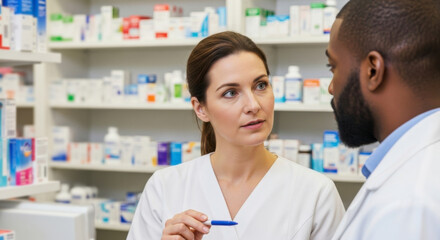 Obraz premium Consultation Between Pharmacist and Patient Pharmacy Professional Discussion Indoor Environment Close-Up View Healthcare Awareness