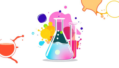 Laboratory glassware with vibrant chemical reactions and abstract shapes in a bright, modern design on a white background