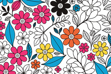 Colorful Floral Pattern Background - Fun and Vibrant Flower Design - Cheerful Botanical Illustration - White Background- Nature Inspired- Fresh Spring Theme