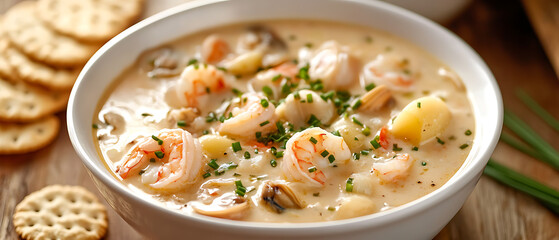 Creamy Seafood Chowder with Shrimp and Scallops in a White Bowl