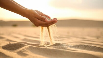 Hands Holding Sand Flowing At Sunset