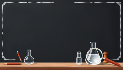 Science laboratory tabletop scene with glassware, pencils, and blackboard background for educational or research themes