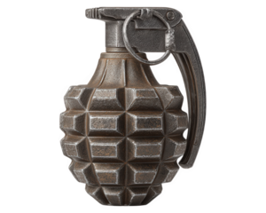Hand grenade metal military explosive isolated object vintage weapon danger war. metal hand grenade with textured surface and safety pin isolated transparency background evokes tension and caution