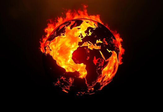 Fiery globe silhouette engulfed in flames, symbolizing global crisis,  white,  survival - Powered by Adobe