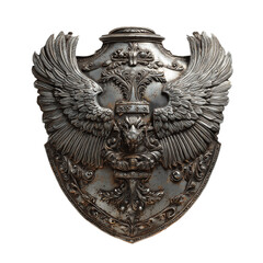 Golden eagle coat of arms sculpture on an ancient Russian castle wall, a vintage metal symbol with a crown and lion decoration
