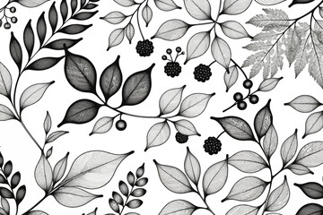 Elegant Floral Pattern-Black and White Leaf Design-Botanical Illustration-Nature Inspired Art-Perfect for Backgrounds and Creative Projects-Leaf and Berries Design