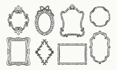 Elegant vintage frames in hand-drawn black line art. Includes baroque and rococo-inspired borders in oval, rectangular, and ornate shapes. Vector illustration for design and decoration.