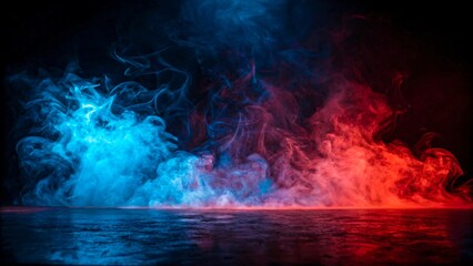 Colorful Red and Blue Smoke Cloud over Reflective Floor with Dramatic Lighting on Black Background
