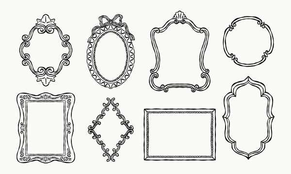 Elegant vintage frames in hand-drawn black line art. Includes baroque and rococo-inspired borders in oval, rectangular, and ornate shapes. Vector illustration for design and decoration.
