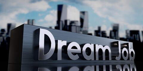 Dream job - metal cuboid and skyscrapers - 3D illustration