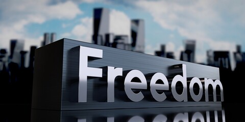 Freedom - metal cuboid and skyscrapers - 3D illustration