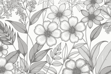 Floral Line Art-Botanical Illustration with Flowers and Leaves-Monochrome Artwork for Coloring Pages-Elegant Nature Inspired Design-Detailed Flower Outline Art