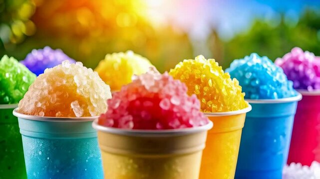 Colorful snow cones with different fruity flavors served in plastic cups on crushed ice