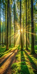 Obraz premium Dazzling sunlight filtering through the trees in a serene forest landscape