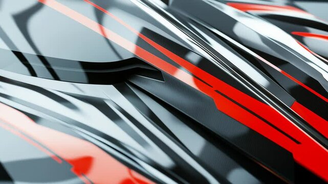 Abstract metallic surface with sharp black, red, and silver geometric patterns creating a futuristic dynamic design with reflections and depth