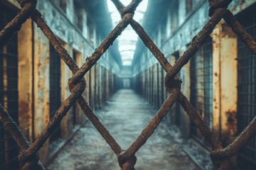 Dark and dim corridor in prison with old rusty iron bars, prison interior. Concept of fear and lack of freedom. Generated by artificial intelligence