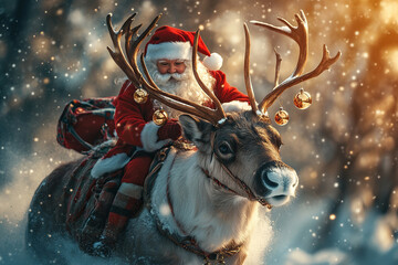 Santa Claus rides a reindeer in a snowy forest.