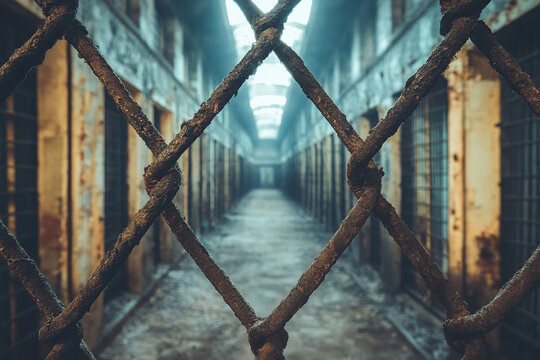 Dark and dim corridor in prison with old rusty iron bars, prison interior. Concept of fear and lack of freedom. Generated by artificial intelligence - Powered by Adobe