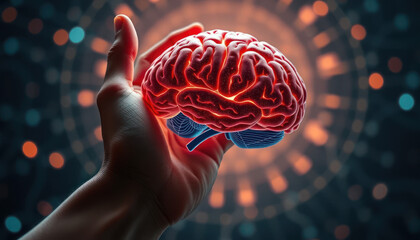 Human Hand Holding a Glowing Brain Model Against a Futuristic Background with Abstract Shapes and Lines Representing Technology and Intelligence