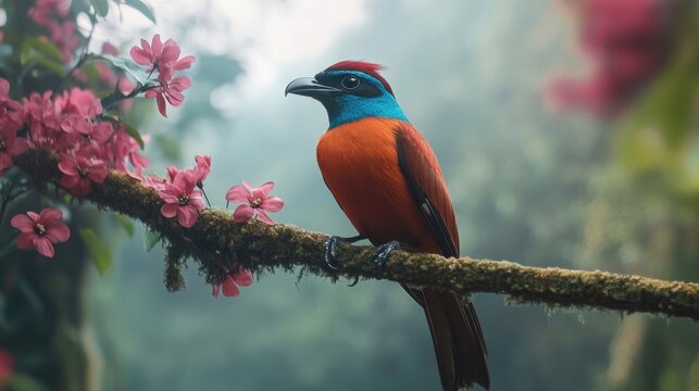 A majestic koyal bird perched on a blooming branch