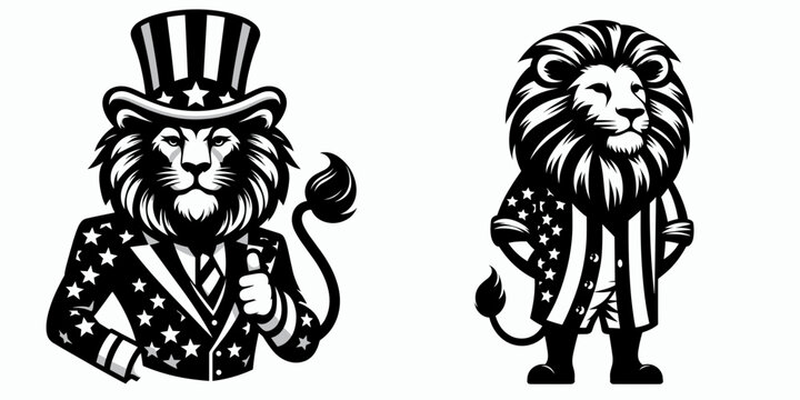 Lion wear american patriotic costume. Dabbing Independence Day 4th of July Flag Patriotism Usa Funny Clipart Line Art Vector Illustration. Big cat dons themed festive attire for a national. - Powered by Adobe