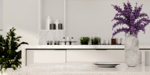 Sustainable kitchen decor featuring flowers and natural finishes. 3D render illustration