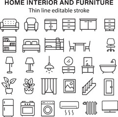 Home interior and furniture icon set. Thin line editable stroke icons for interior design, decoration, home styling, appliances, renovation, architecture