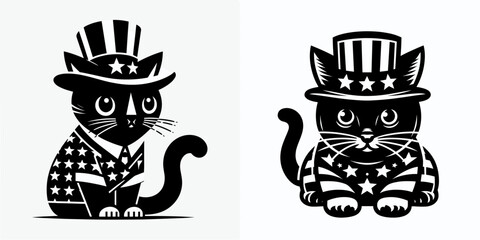 Black Cat wear american patriotic costume. Dabbing Independence Day 4th of July Flag Patriotism Usa Funny Clipart Line Art Vector Illustration. Feline pet in united states national holiday.