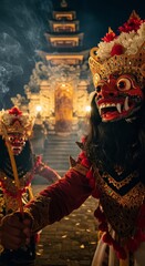 Balinese mask dancers with strong expressions, temple background and incense smoke