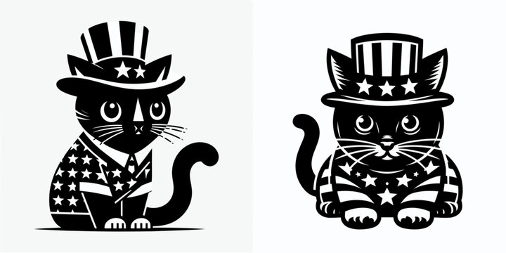 Black Cat wear american patriotic costume. Dabbing Independence Day 4th of July Flag Patriotism Usa Funny Clipart Line Art Vector Illustration. Feline pet in united states national holiday.