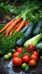 Fresh harvest of farm organic vegetables. Tomatoes, zucchini, carrots, dill on wet black surface outdoor, vertical image.