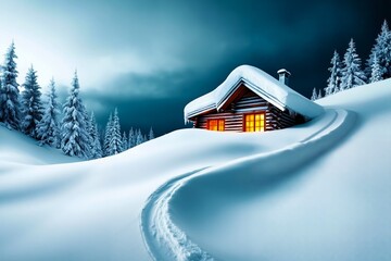 A small cabin in the middle of a snowy forest
