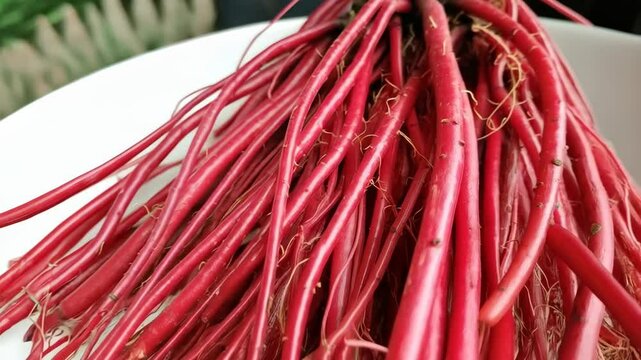Macro shot of uncooked beet roots with red stems and rootlets in a bowl, close-up view of fresh uncooked beetroot stems food ingredient.