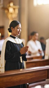 Female chaplain in prayer inside a church with wooden pews and a gilded cross, surrounded by blurred congregants during service