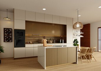 Sustainable kitchen design with modern minimalist elements. 3D render illustration