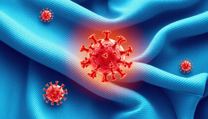 Naklejka premium Close-up Visualization of Virus Cells on Blue Fabric Background, Highlighting Infection and Microscopic Details in a Unique Artistic Style