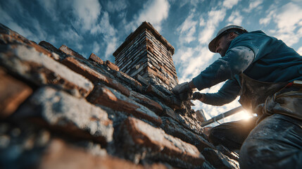 Worker performing chimney repair on rooftop, focusing on safety measures and ensuring long-term durability of the structure 66010736 1