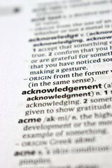English Definition Dictionary Of Printed Word -  Acknowledgement Close Up
