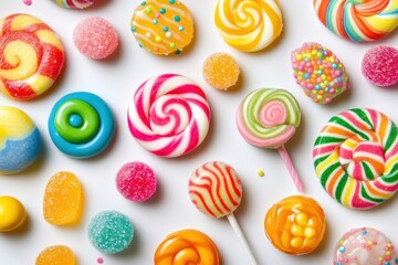 Obraz premium Colorful Assortment of Lollipops and Candy on White Background