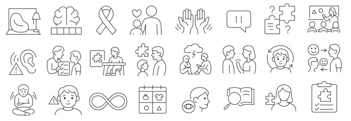 Autism and neurodiversity icon set with brain, puzzle, ribbon and support scenes for therapists, educators and awareness media


