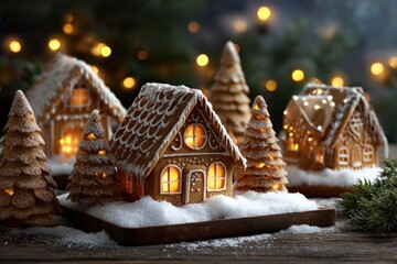 Gingerbread houses  trees are displayed on a snowcovered wooden platform lit by warm interior lights against a bokeh background