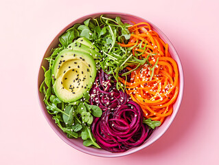 Colorful Spiralized Beet and Carrot Salad with Avocado in a Bowl, Fresh Ingredients, Vibrant Kitchen Setting